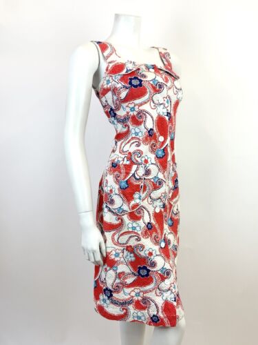 VTG 60s 70s WHITE RED BLUE FLORAL DOTTY PAISLEY PSYCHEDELIC MOD SUNDRESS 8 10