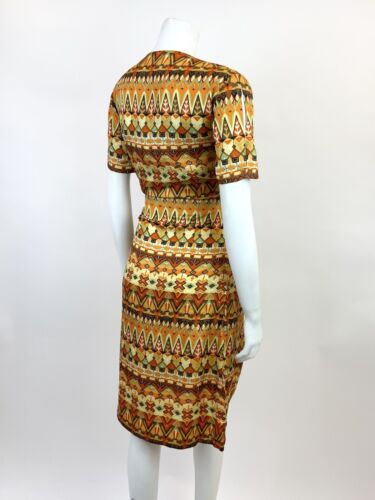 VTG 60s 70s YELLOW ORANGE GREEN BLACK GEOMETRIC AZTEC PSYCHEDELIC DRESS 12 14