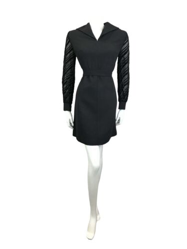 VTG 60S BLACK STRIPED BURNOUT VELVET SAILORS COLLAR BELTED LBD PARTY DRESS 14