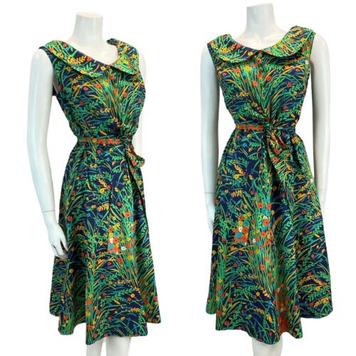 VTG 70S PETER PAN COLLAR FLORAL MIDI DRESS BLUE YELLOW ORANGE GREEN 16 18