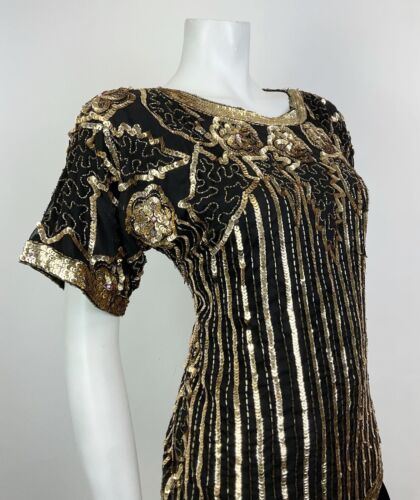 VTG 70s 80s BLACK GOLD FLORAL LEAF STRIPED SEQUIN BEADED DECO BLOUSE TOP 12 14