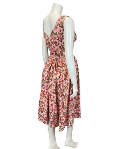 VINTAGE 50s 60s PINK GREEN RED FLORAL LEAFY PRINCESS SWING SLEEVELESS DRESS 4 6