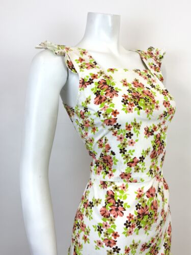 VTG 60s 70s WHITE ORANGE GREEN BROWN FLORAL RUFFLED BOHO FOLK SUMMER DRESS 8 10