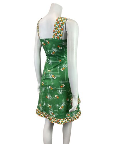 VINTAGE 60s 70s APPLE GREEN WHITE YELLOW FLOWER MOD SUMMER SUN DRESS 8