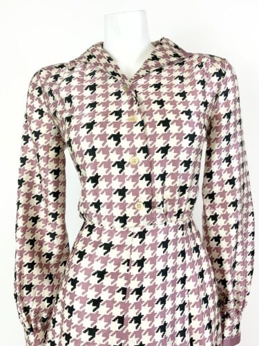 VTG 60s 70s WHITE PINK BLACK HOUNDSTOOTH MOD PLEATED DAGGER SHIRT DRESS 10 12