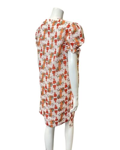 VTG 60s 70s WHITE RED ORANGE FLORAL COFFEE GRINDER PUFF SLEEVE MOD DRESS 12 14