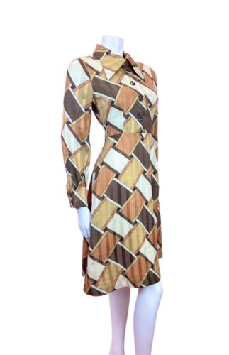 VINTAGE 60s 70s BROWN CREAM GOLD GEOMETRIC WEAVE SHEER DAGGER SHIRT DRESS 8 10