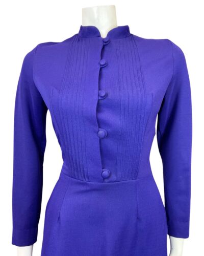 VINTAGE 60s 70s ROYAL PURPLE MANDARIN COLLAR SWING DRESS 8