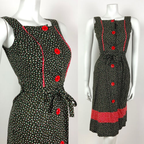 VTG 70s BLACK RED WHITE FLORAL DITSY FOLK PRAIRIE BOHO APRON PINAFORE DRESS 8