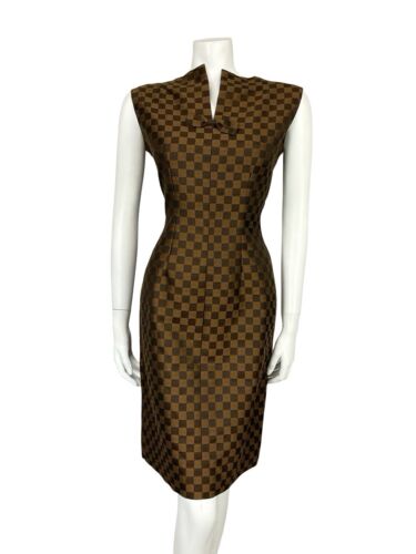 VTG 60S BROWN CHECKERBOARD METALLIC WIGGLE MIDI DRESS WITH BOW 10