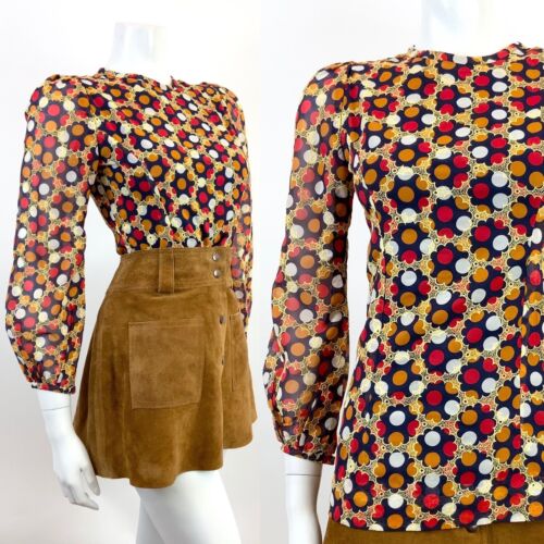 VTG 60s 70s BLUE GOLD RED ORANGE POLKA-DOT FLORAL EMBROIDERED SHEER BLOUSE 6 8
