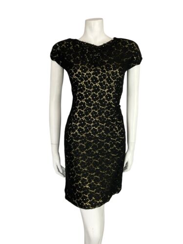 VTG 60S BLACK LACE GOLD V BOAT NECK SHORT SLEEVE PARTY SHIFT LBD  MINI DRESS 8