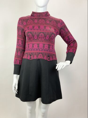 VTG 60s 70s PINK PURPLE BLACK PSYCHEDELIC FLORAL MOD TURTLENECK SCOOTER DRESS 16