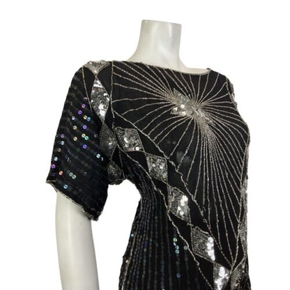 VTG 70s BLACK SILVER SEQUIN BEADED ART DECO SCALES GEOMETRIC DISCO TOP 16 18