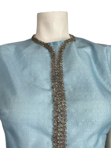 VTG 60S LIGHT BLUE SILVER BEADED TRIM MOD GOGO PARTY SLEEVELESS MINI DRESS 12