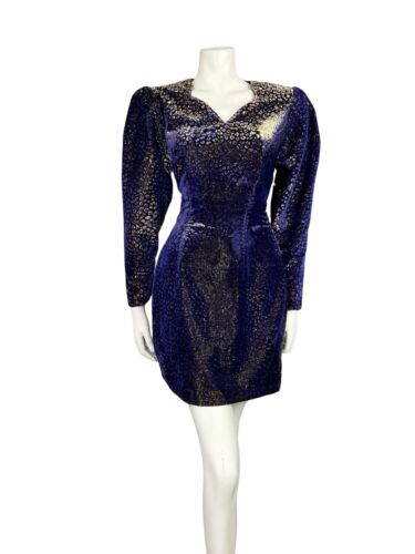 VTG 70S BLUE PURPLE GOLD LUREX VELVET MUTTON SLEEVE SWEETHEART PARTY DRESS 6