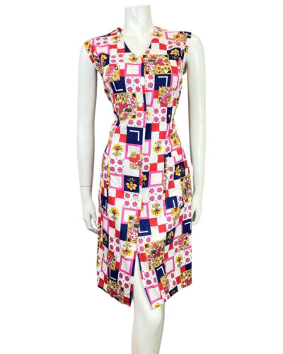 VINTAGE 60s 70s WHITE RED BLUE FLORAL GEOMETRIC PATCHWORK SLEEVELESS DRESS 12 14