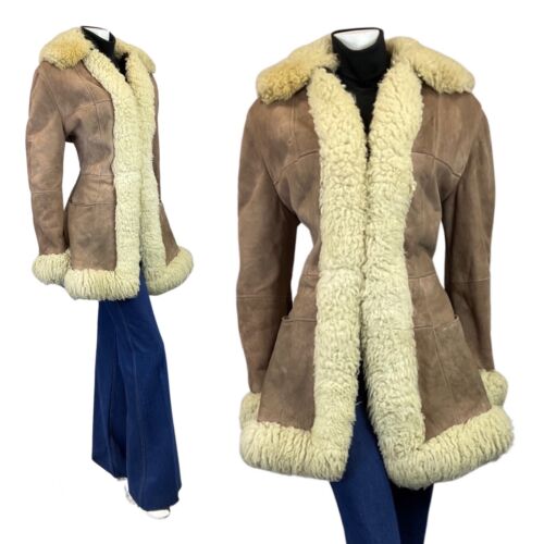 **VINTAGE 60s 70s PEANUT BROWN CREAM SUEDE BOHO PENNY LANE SHEARLING COAT 14 16