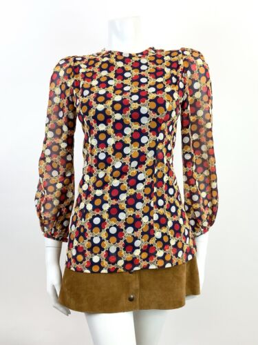VTG 60s 70s BLUE GOLD RED ORANGE POLKA-DOT FLORAL EMBROIDERED SHEER BLOUSE 6 8