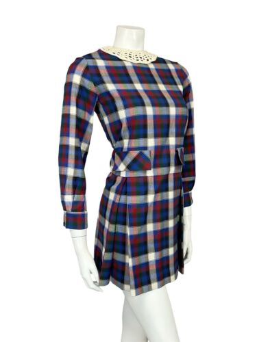 VTG 60S MOD RED BLUE WHITE GREEN TARTAN PLEATED CROTCHED COLLAR SMOCK DRESS 8