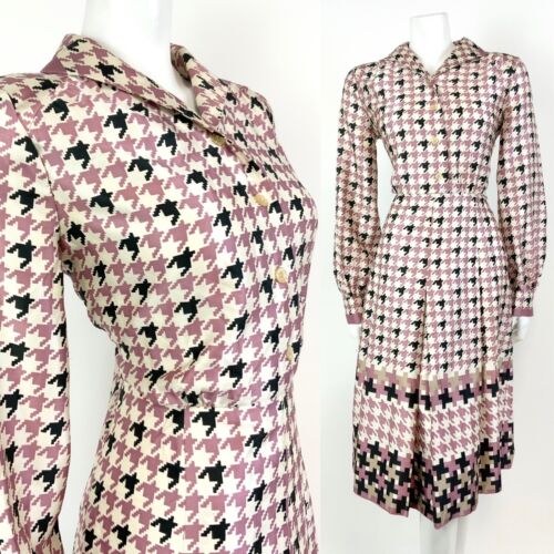 VTG 60s 70s WHITE PINK BLACK HOUNDSTOOTH MOD PLEATED DAGGER SHIRT DRESS 10 12