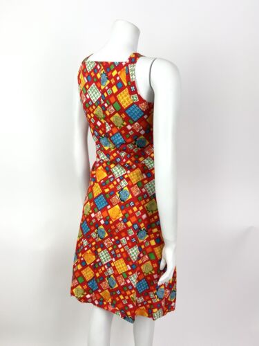 VINTAGE 60s 70s RED BLUE YELLOW PATCHWORK FLORAL GEOMETRIC STRAPPY SUNDRESS 8