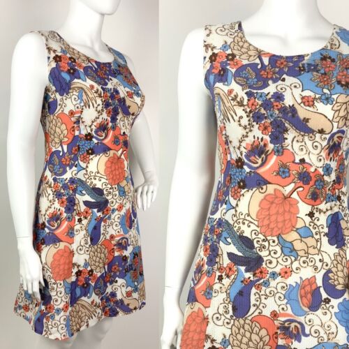 VTG 60s 70s WHITE PURPLE BLUE ORANGE FLORAL PSYCHEDELIC SUMMER DRESS 16 18