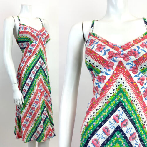 VTG 60s 70s WHITE GREEN RED BLUE FLORAL STRIPED DOTTY STRAPPY FOLK SUNDRESS 12