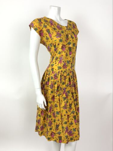 VTG 60s 70s YELLOW PINK GREEN FLORAL FIGURE ETHNIC PSYCH SUMMER DRESS 16 18