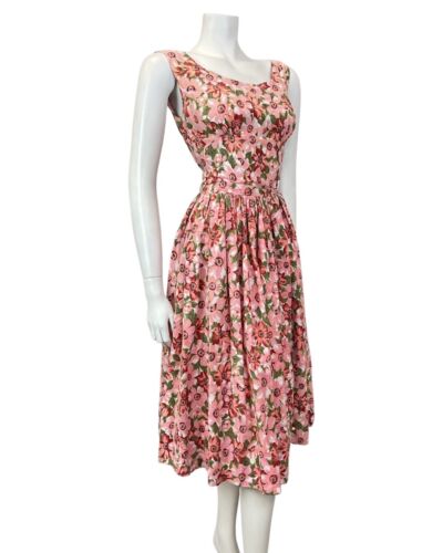 VINTAGE 50s 60s PINK GREEN RED FLORAL LEAFY PRINCESS SWING SLEEVELESS DRESS 4 6