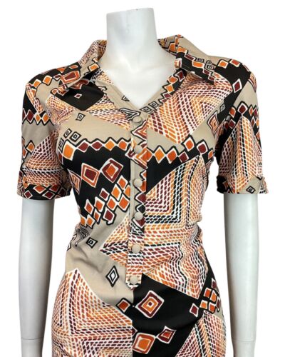 VINTAGE 60s 70s BEIGE BLACK RED ORANGE GEOMETRIC SQUARE MOD SHIRT DRESS 14 16