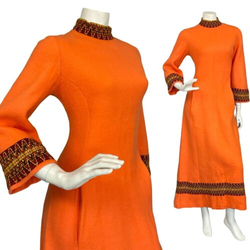 VTG 70S ORANGE BROWN ZIG ZAG HIPPY BOHO SOFT FELT BELL SLEEVE MAXI DRESS 10