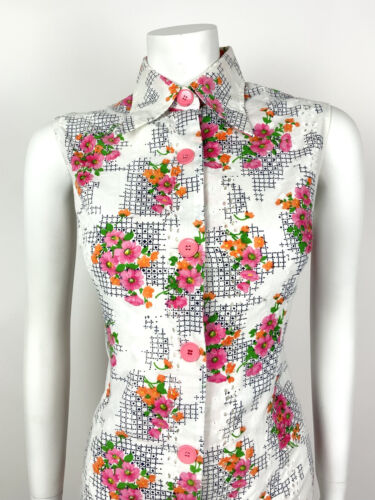 VTG 60s 70s WHITE PINK ORANGE GREEN EMBROIDERED FLORAL DAGGER SHIRT DRESS 12 14