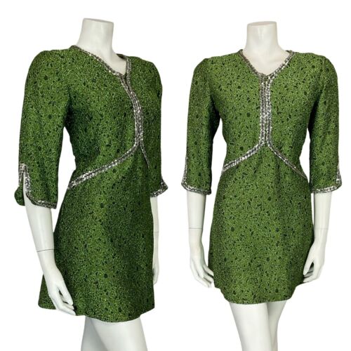 VTG 60S V NECK HALF SLEEVE GREEN SILVER SEQUIN  LUREX PARTY MINI DRESS 10