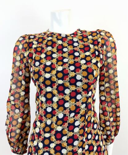 VTG 60s 70s BLUE GOLD RED ORANGE POLKA-DOT FLORAL EMBROIDERED SHEER BLOUSE 6 8
