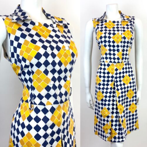 VTG 60s 70s WHITE BLUE YELLOW CHECKERBOARD GEOMETRIC DAGGER SHIRT DRESS 12 14