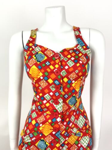 VINTAGE 60s 70s RED BLUE YELLOW PATCHWORK FLORAL GEOMETRIC STRAPPY SUNDRESS 8