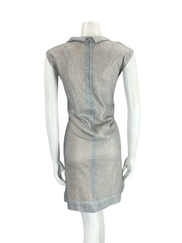 VTG 60S MOD PARTY SILVER LUREX FUNNEL NECK SLEEVELESS SHIFT DRESS 12 14