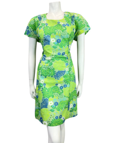 VINTAGE 60s 70s APPLE LIME GREEN BLUE PSYCHEDELIC SWIRL DAISY MOD DRESS 12