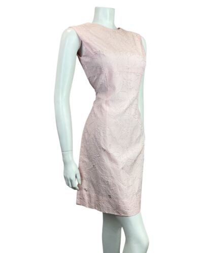 VINTAGE 60s 70s BABY PINK FLORAL LEAFY EMBROIDERED SLEEVELESS MOD DRESS 8