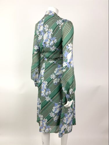 VINTAGE 60s 70s GREEN CREAM BLUE STRIPED FLORAL DAGGER COLLAR SHIRT DRESS 12