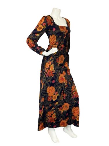 VTG 70S NAVY BLUE ORANGE FLORAL GOLD PAISLEY SQUARE NECK MAXI HIPPY DRESS 8