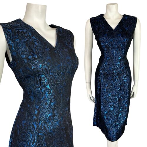 VTG 60S NAVY BLUE BLACK PAISLEY BROCADE N NECK SLEEVELESS PARTY MIDI DRESS 12