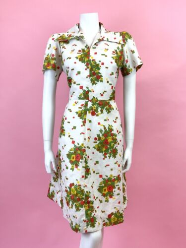 VTG 60s 70s WHITE RED GREEN YELLOLW GEOMETRIC FLORAL MOD DAGGER SHIRT DRESS 14