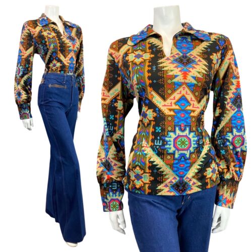 VINTAGE 60s 70s BEIGE BLACK BLUE RED AZTEC GEOMETRIC MOD BLOUSE 14 16