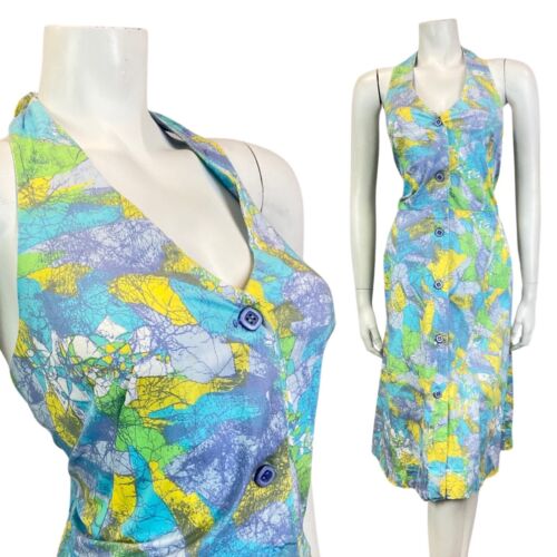 VINTAGE 60s 70s BLUE GREEN YELLOW PSYCHEDELIC HALTER SWING DRESS 12 14