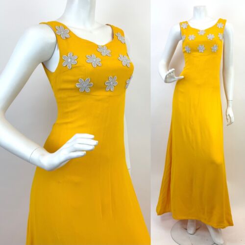 VTG 60s 70s SUNSHINE YELLOW SILVER FLOWER POWER EMPIRE LINE MOD MAXI DRESS 4 6