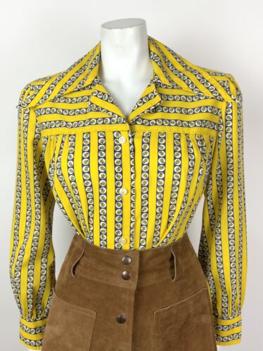 VTG 60s 70s YELLOW BLUE WHITE STRIPED DAISY FLORAL MOD DAGGER SHIRT BLOUSE 12 14