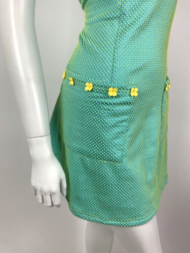 VTG 60s STYLE 90s BLUE YELLOW TWO-TONE SWISS DOT DAISY MOD PINAFORE DRESS 10 12