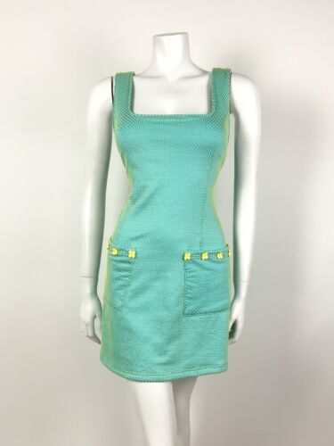 VTG 60s STYLE 90s BLUE YELLOW TWO-TONE SWISS DOT DAISY MOD PINAFORE DRESS 10 12